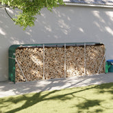 Green galvanized steel log holder with firewood stacked inside, 118.1x17.7x39.4 inches.